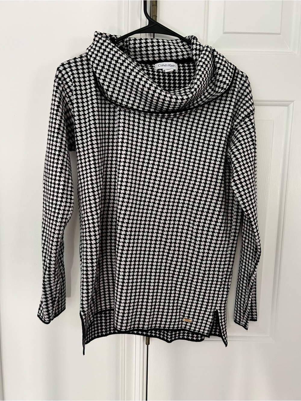 Calvin Klein Black & White Houndstooth Cowl Neck Sweater
